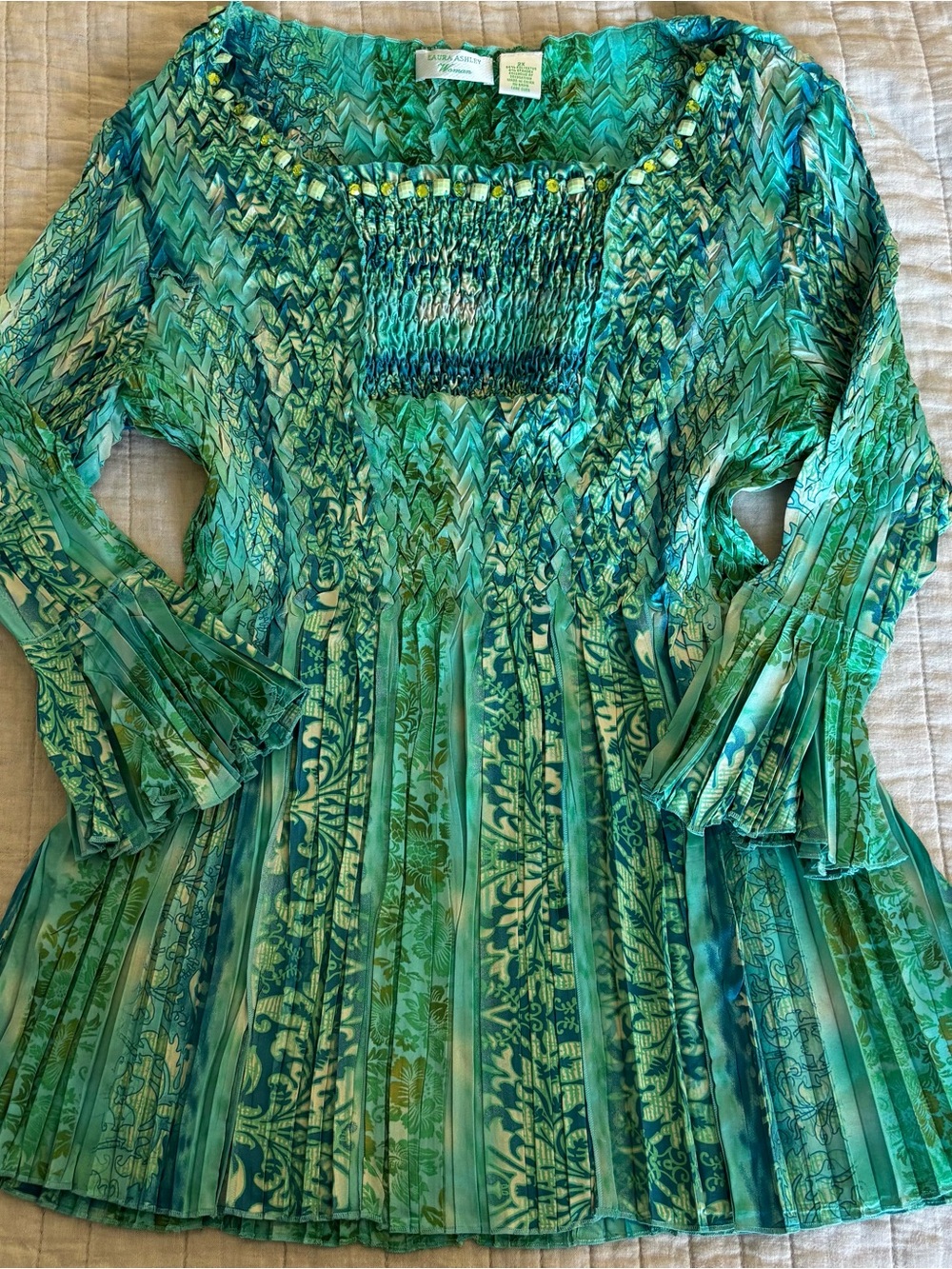 Y2K Laura Ashley Turquoise Green Patterned Smocked Long-Sleeve Top